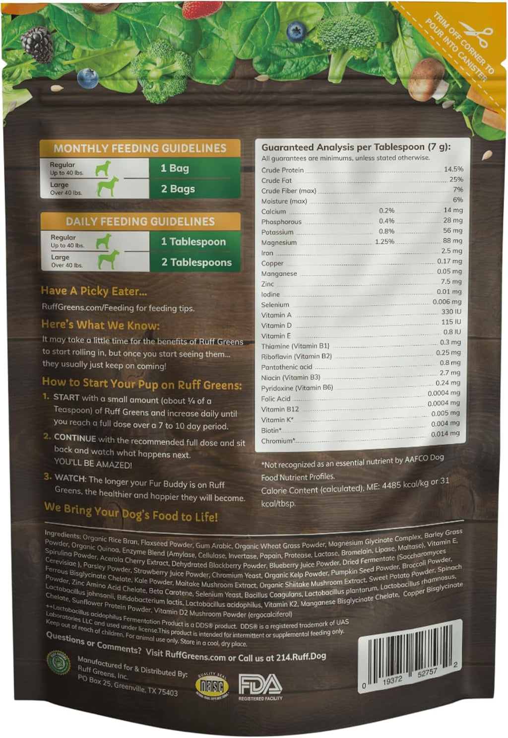 Ruff Greens VitaSmart nutritional supplement powder for dogs.
