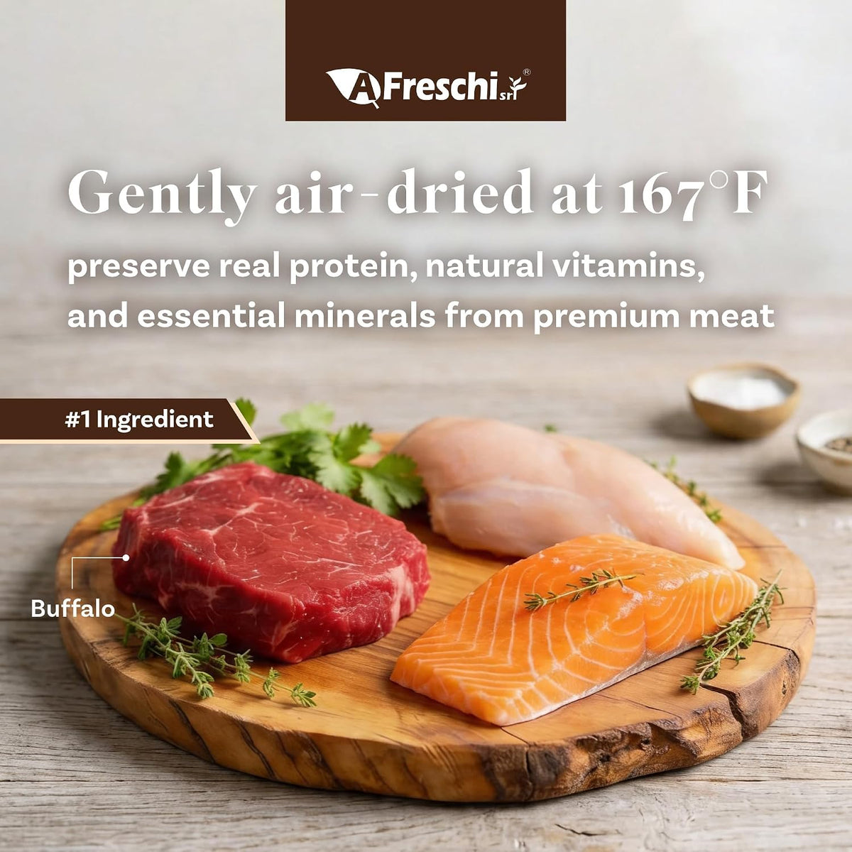 Back label view of A Freschi srl Buffalo and Salmon formula detailing the grain free limited ingredient list.