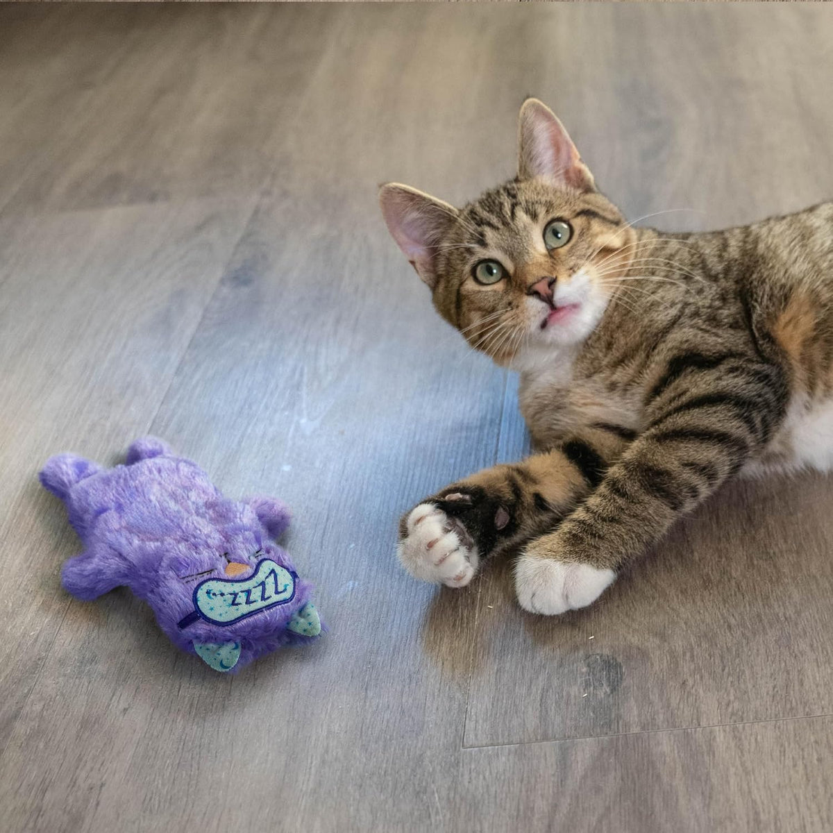 Catstages Purr Pillow lifestyle image showing cat cuddling the soothing plush toy