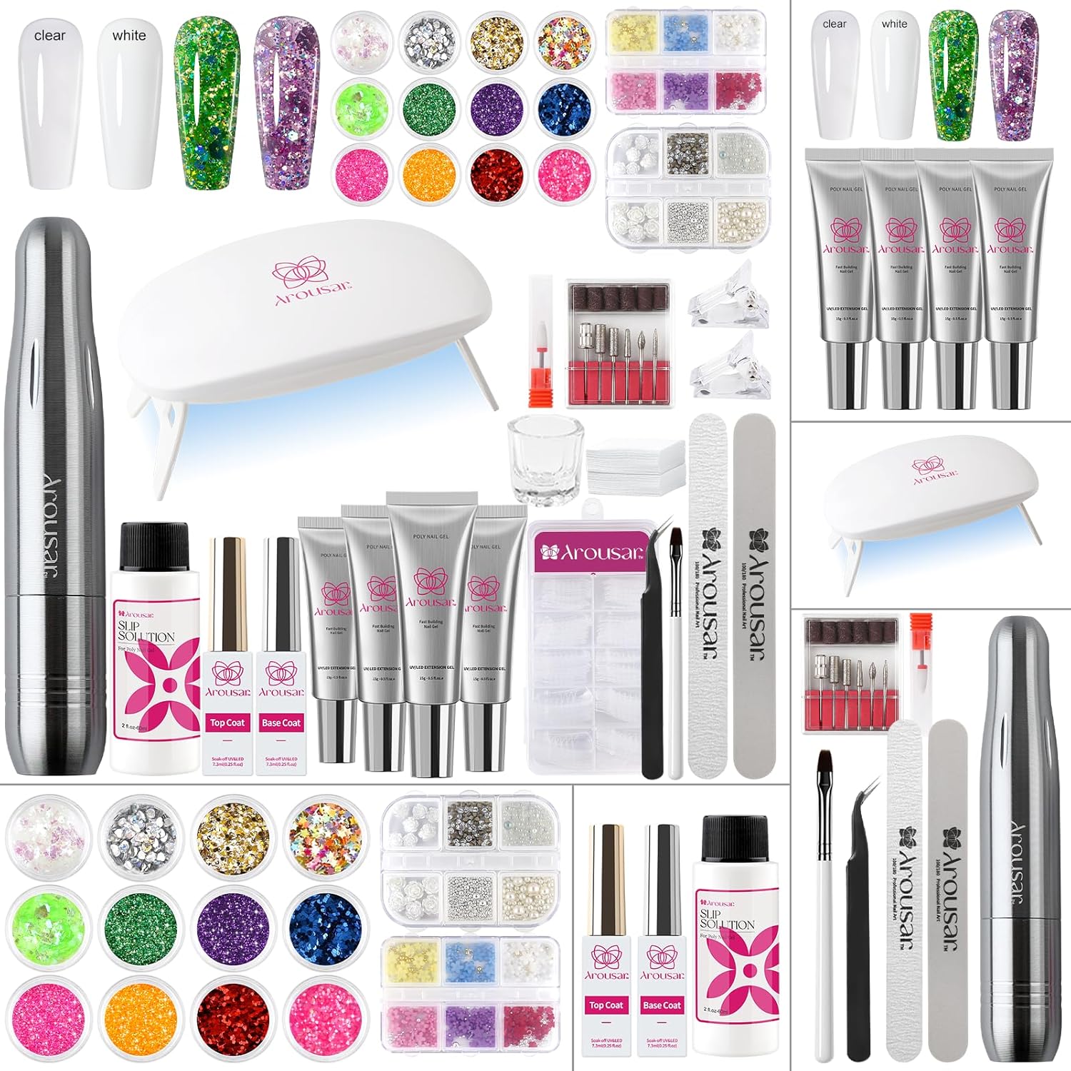Arousar Poly Nail Gel Kit front view with nail lamp and tools