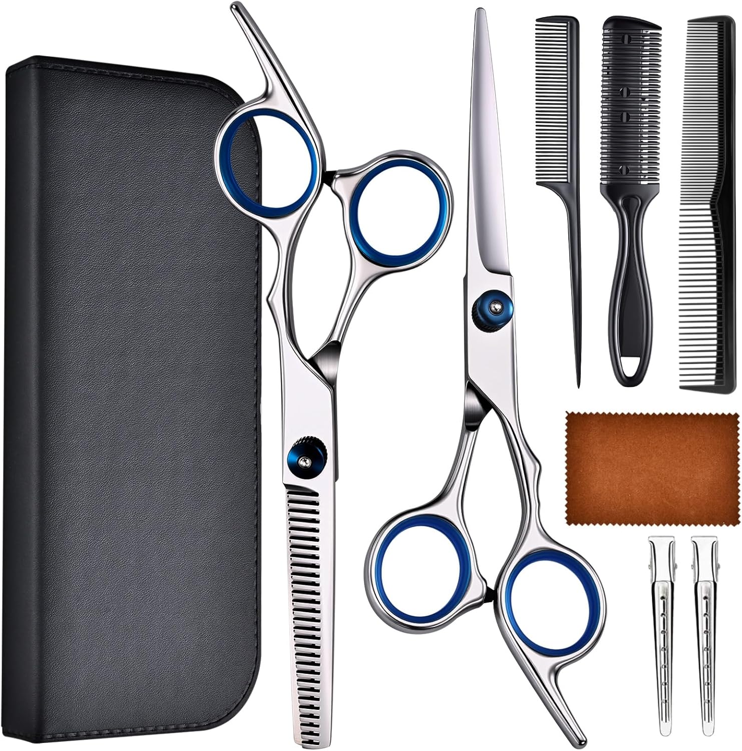 Manifest Picks professional hair cutting scissors set front view featuring stainless steel shears with blue comfort rings
