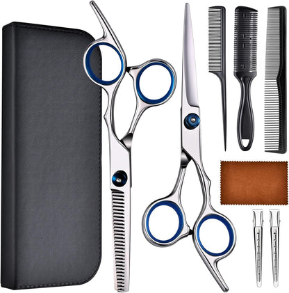 Manifest Picks professional hair cutting scissors set front view featuring stainless steel shears with blue comfort rings