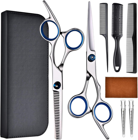 Manifest Picks professional hair cutting scissors set front view featuring stainless steel shears with blue comfort rings