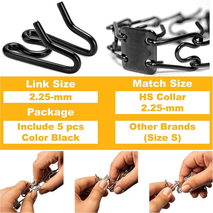 Close up view of black stainless steel dog training collar extension links showing smooth rounded edges