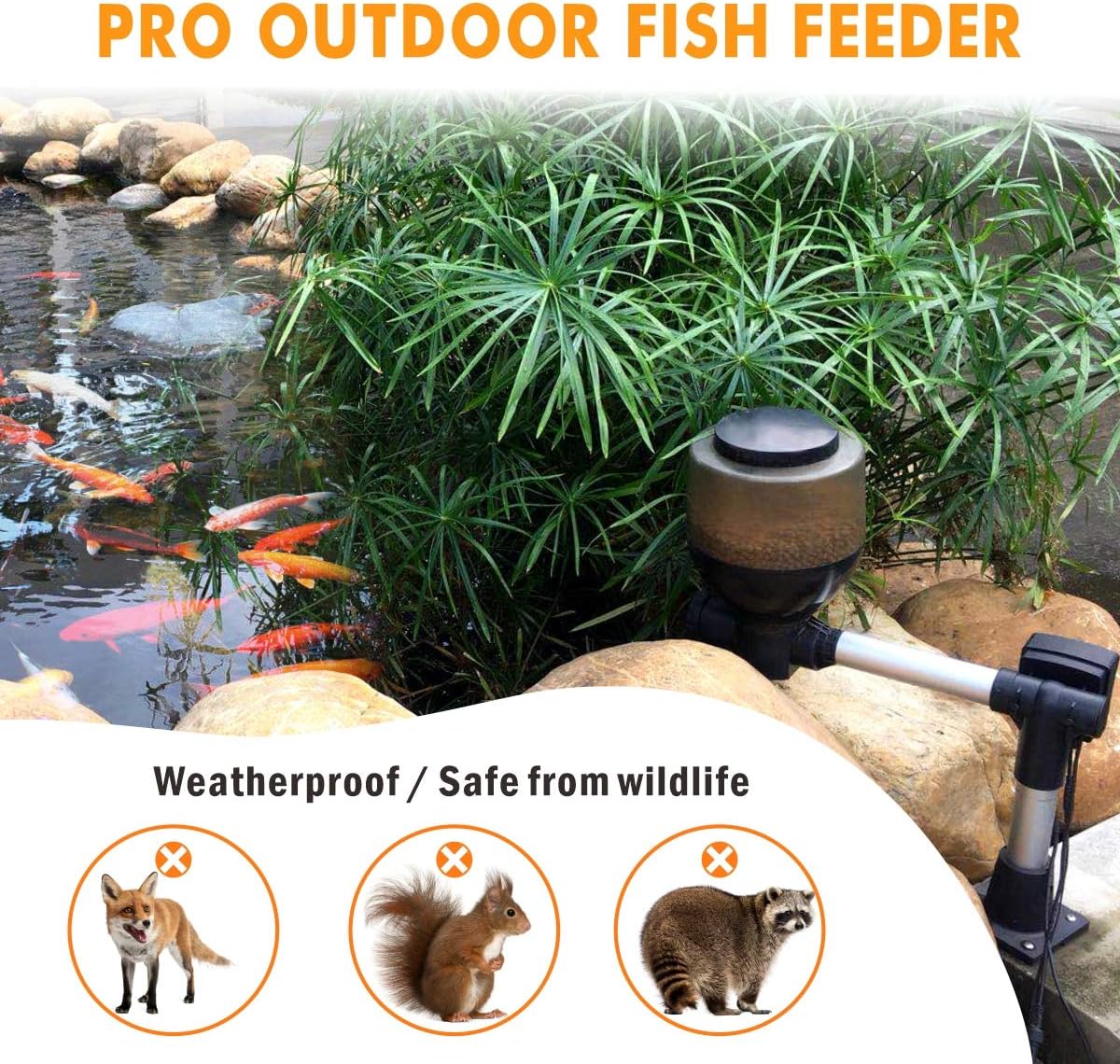 Hygger auto pond fish food dispenser mounted on wooden deck edge