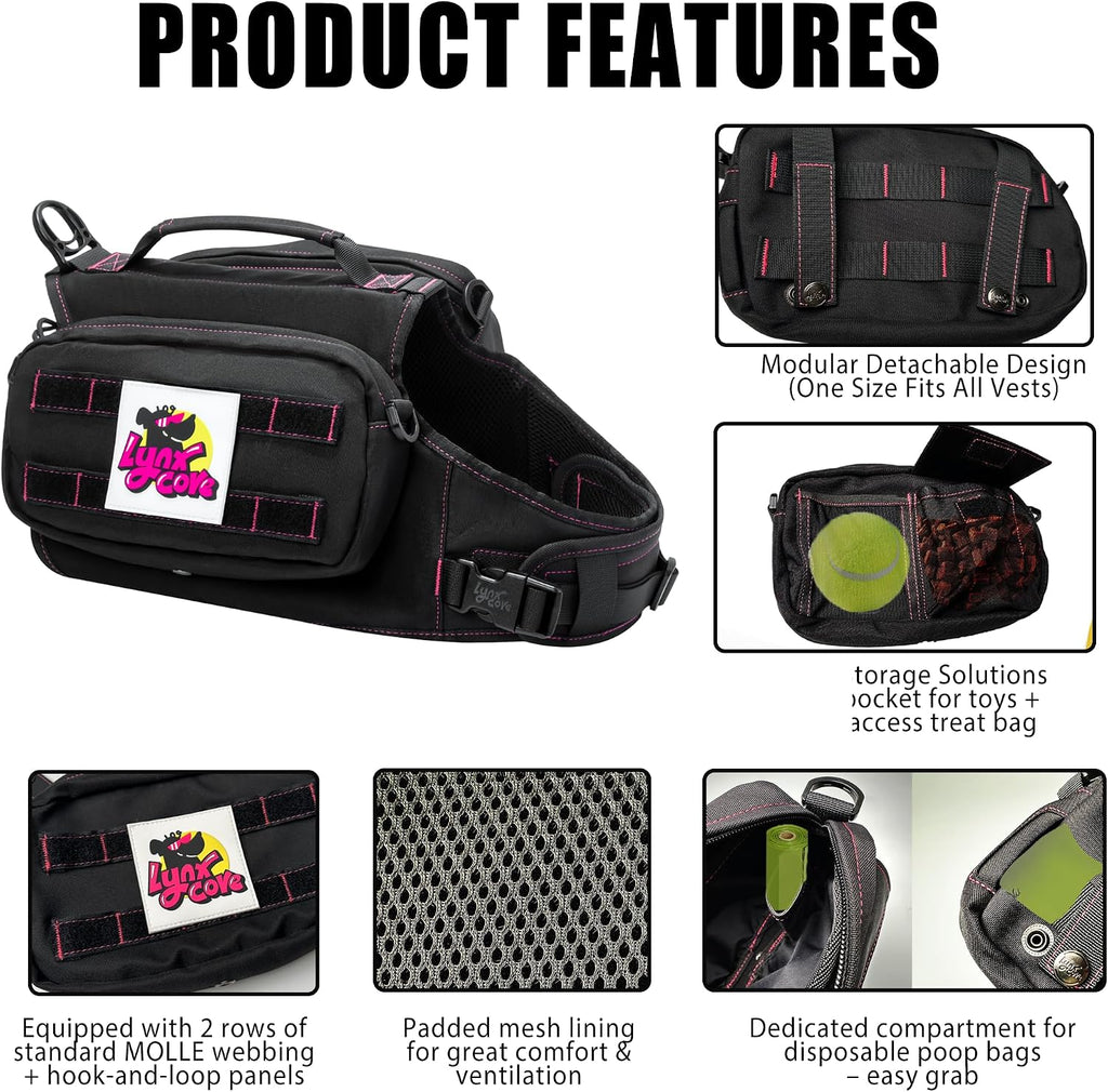 Lynxcore adjustable dog vest with neon pink stitching and detachable side pockets