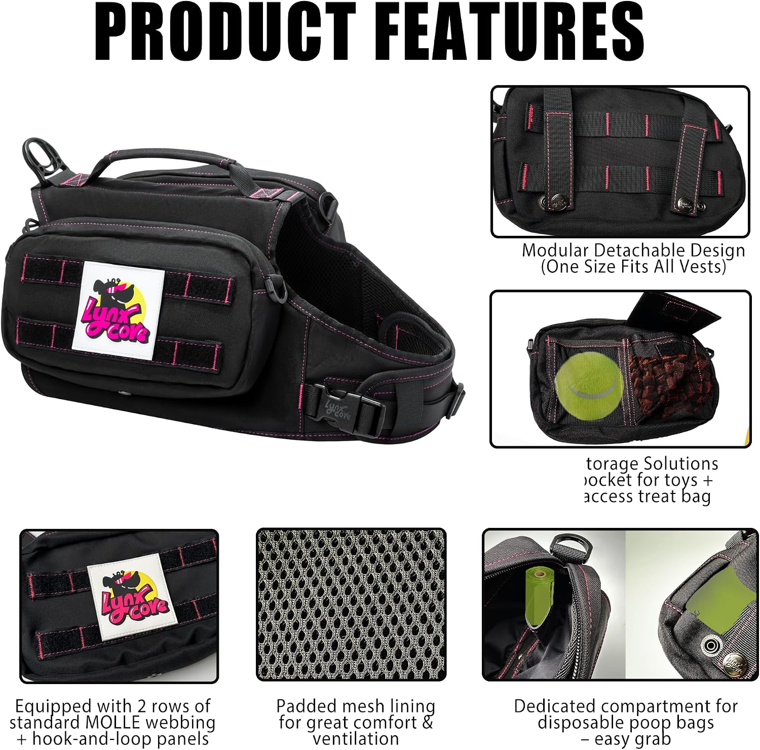 Lynxcore adjustable dog vest with neon pink stitching and detachable side pockets