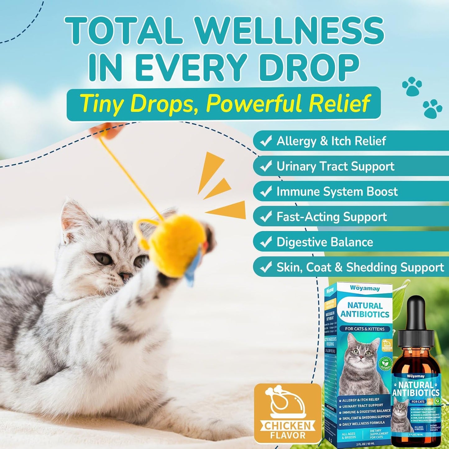 Dropper bottle of Woyamay cat immune support supplement with chicken flavor indicator.