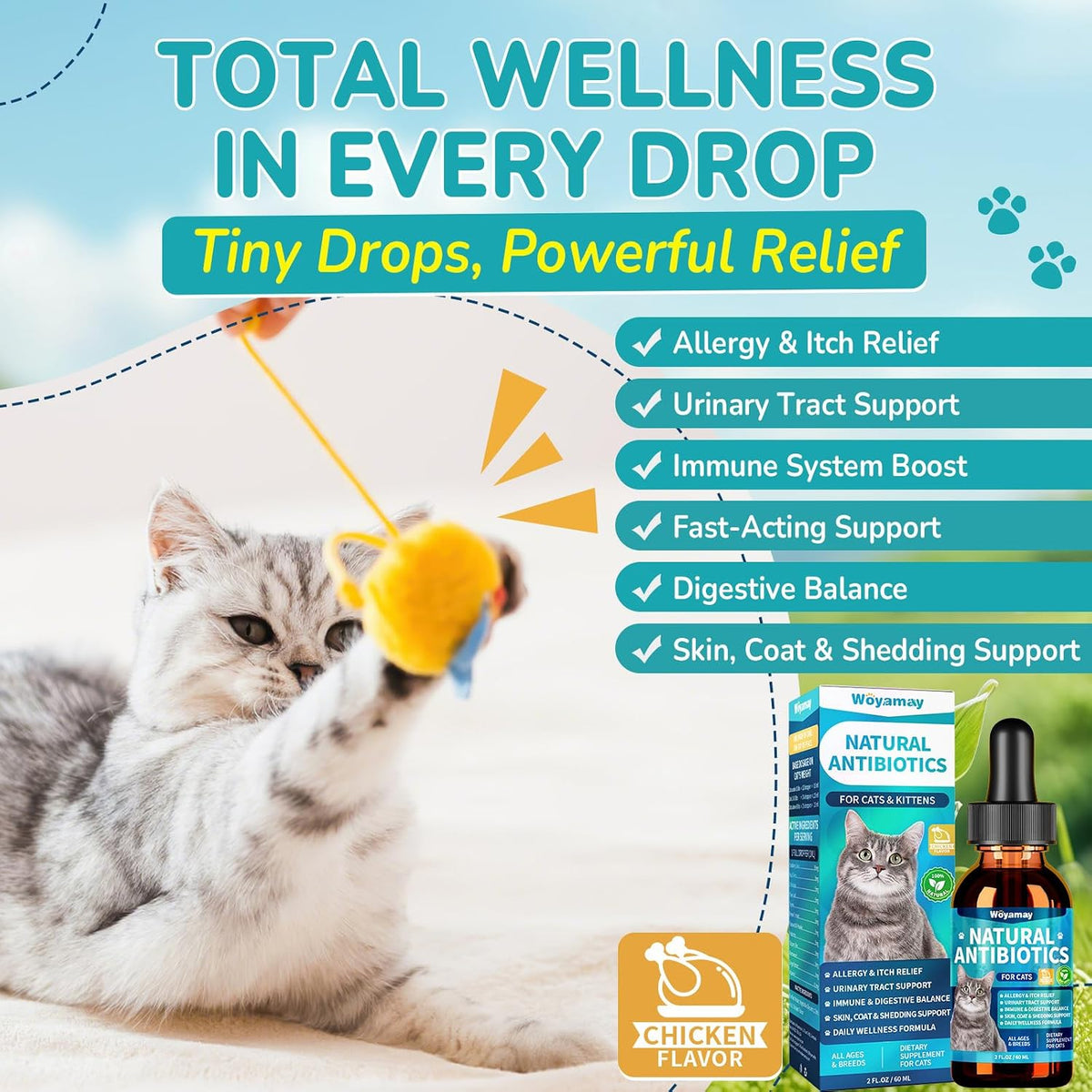 Dropper bottle of Woyamay cat immune support supplement with chicken flavor indicator.