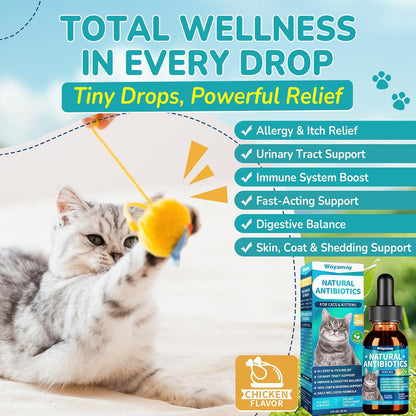 Dropper bottle of Woyamay cat immune support supplement with chicken flavor indicator.