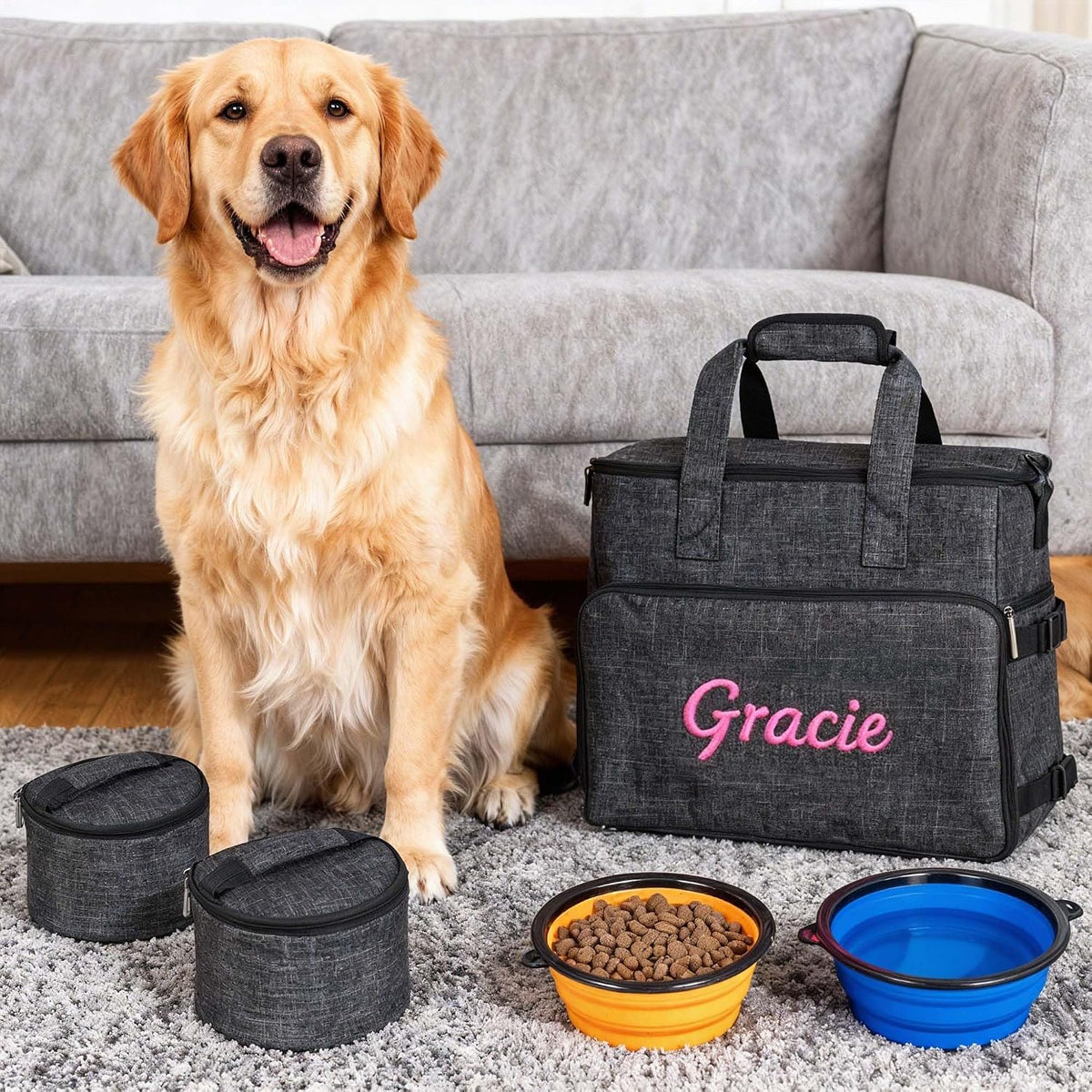 Tidify pet organizer attached to trolley handle for travel