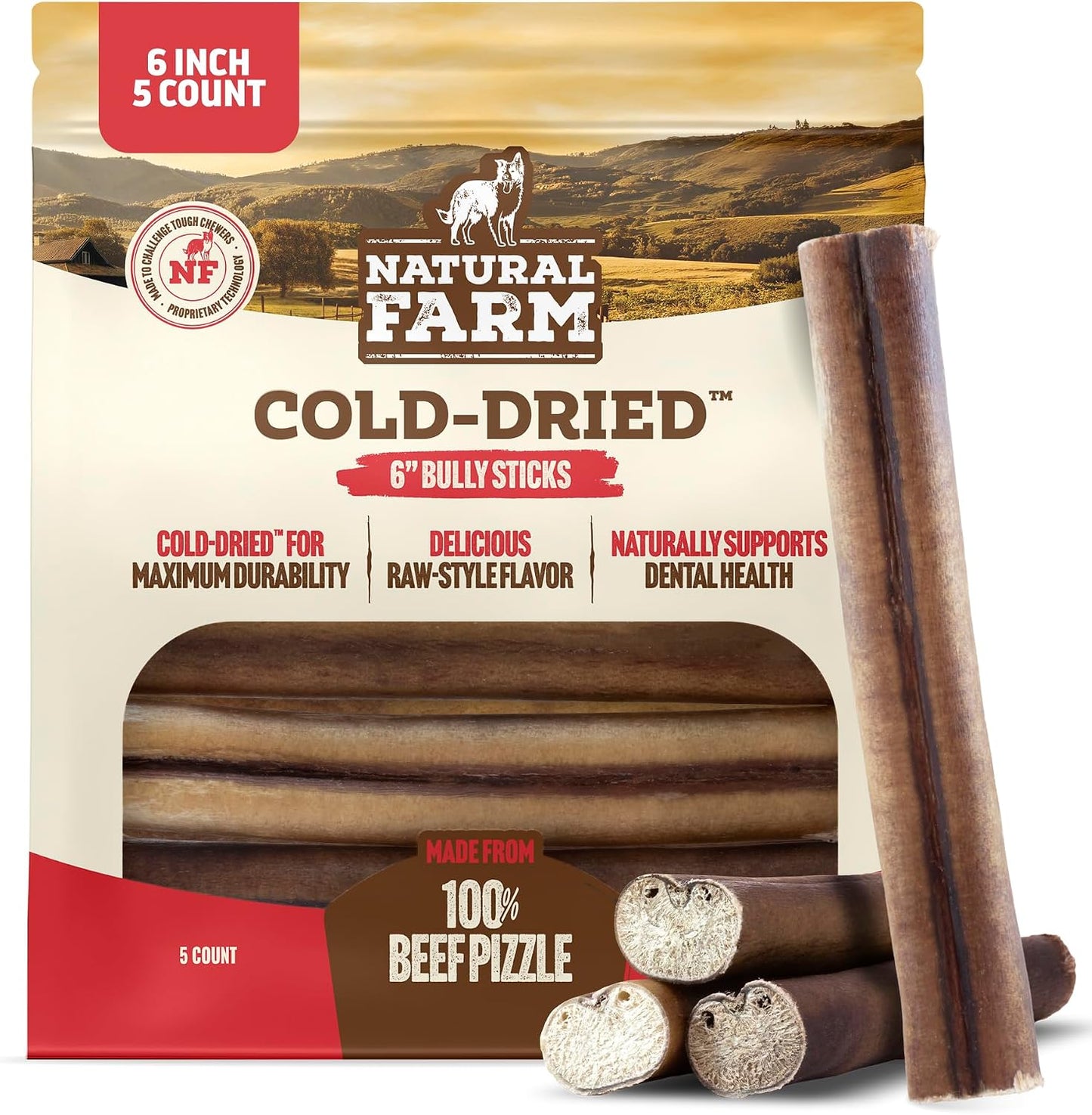 Natural Farm Cold-Dried Bully Sticks 5 count pack front view premium imported dog treats