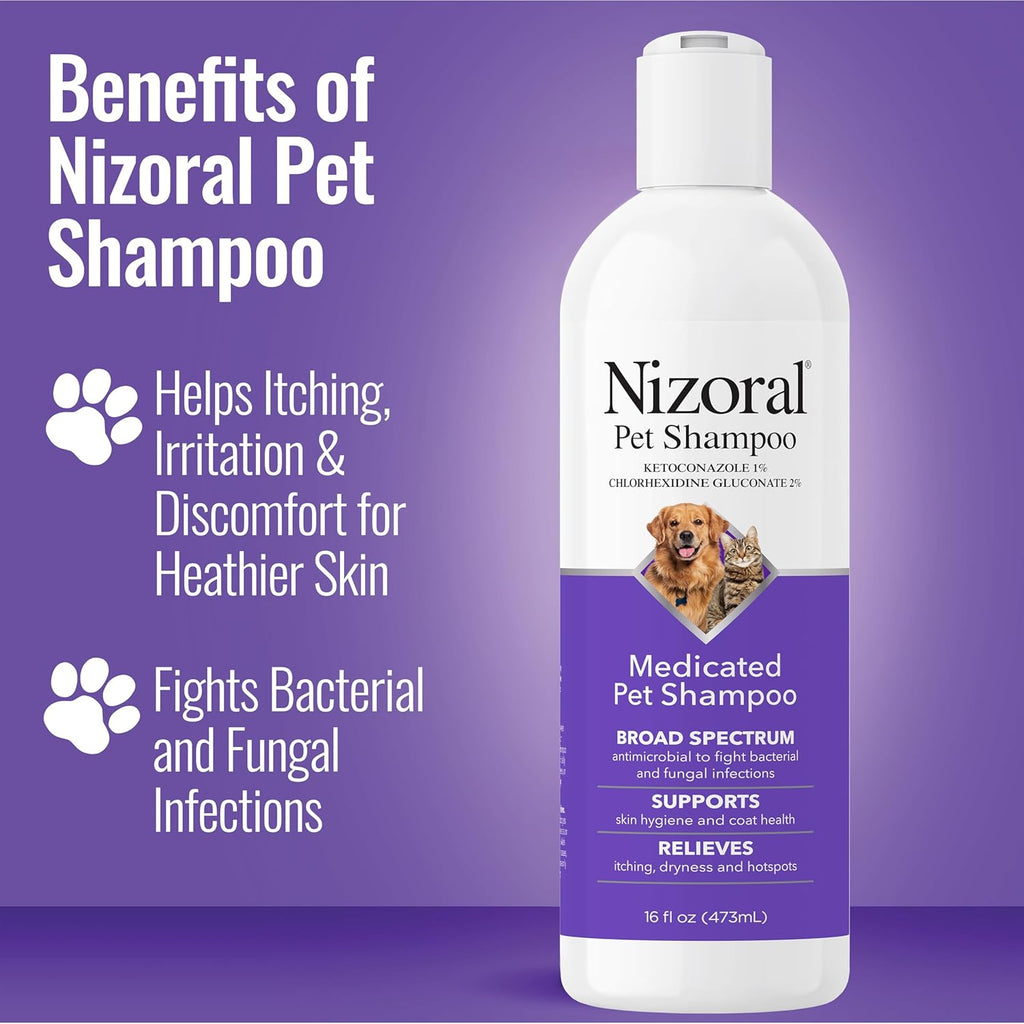 Back of Nizoral Pet Shampoo bottle showing ingredients and usage