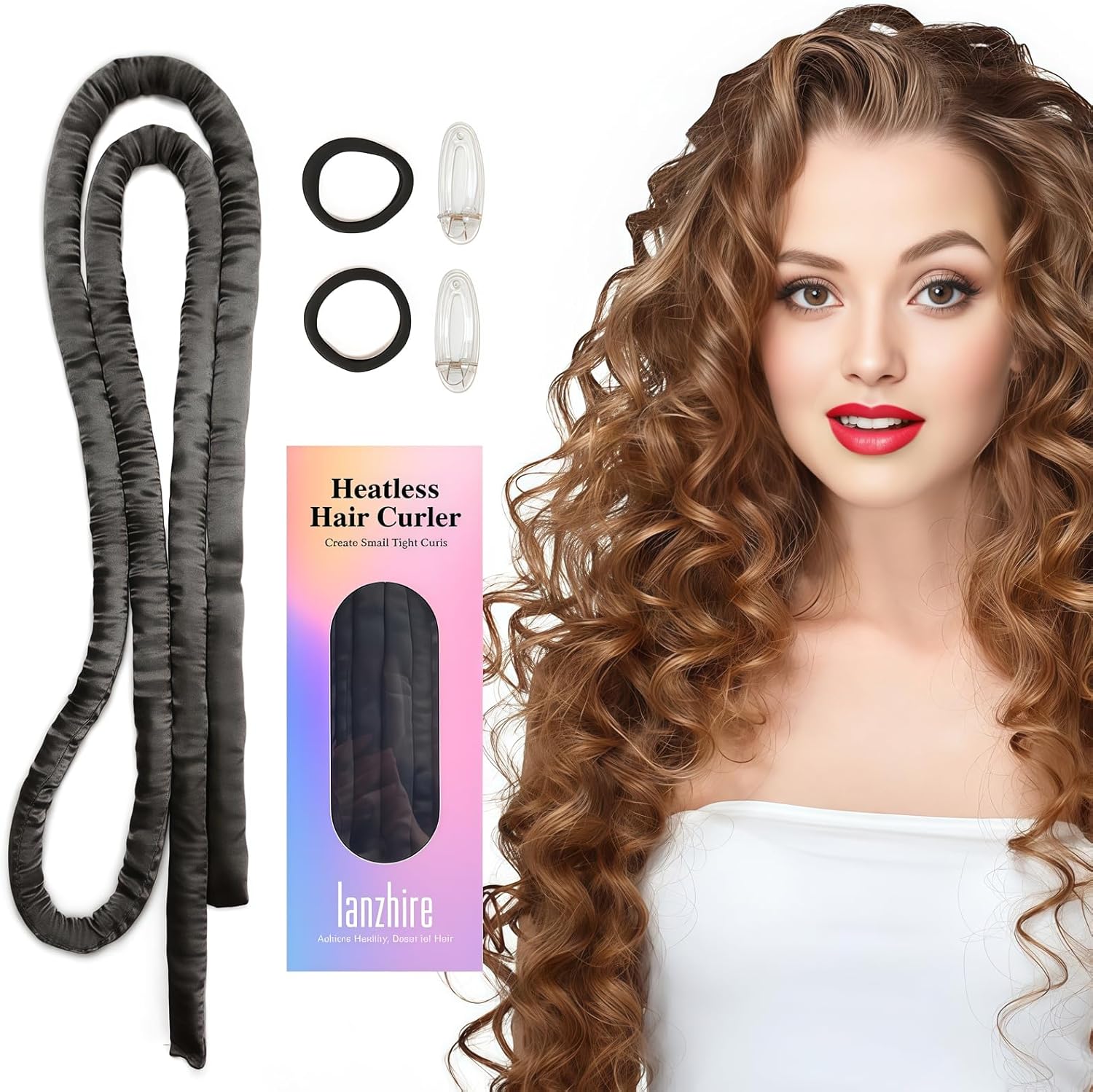 Lanzhire heatless hair curler front view showing the premium black satin overnight curling headband