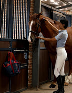 Furrishine 11-piece imported horse grooming supplies kit completely packed inside the navy and shadowberry bag.