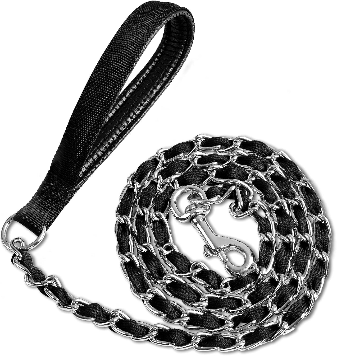 LUFFWELL metal chain dog leash black front view showing padded handle