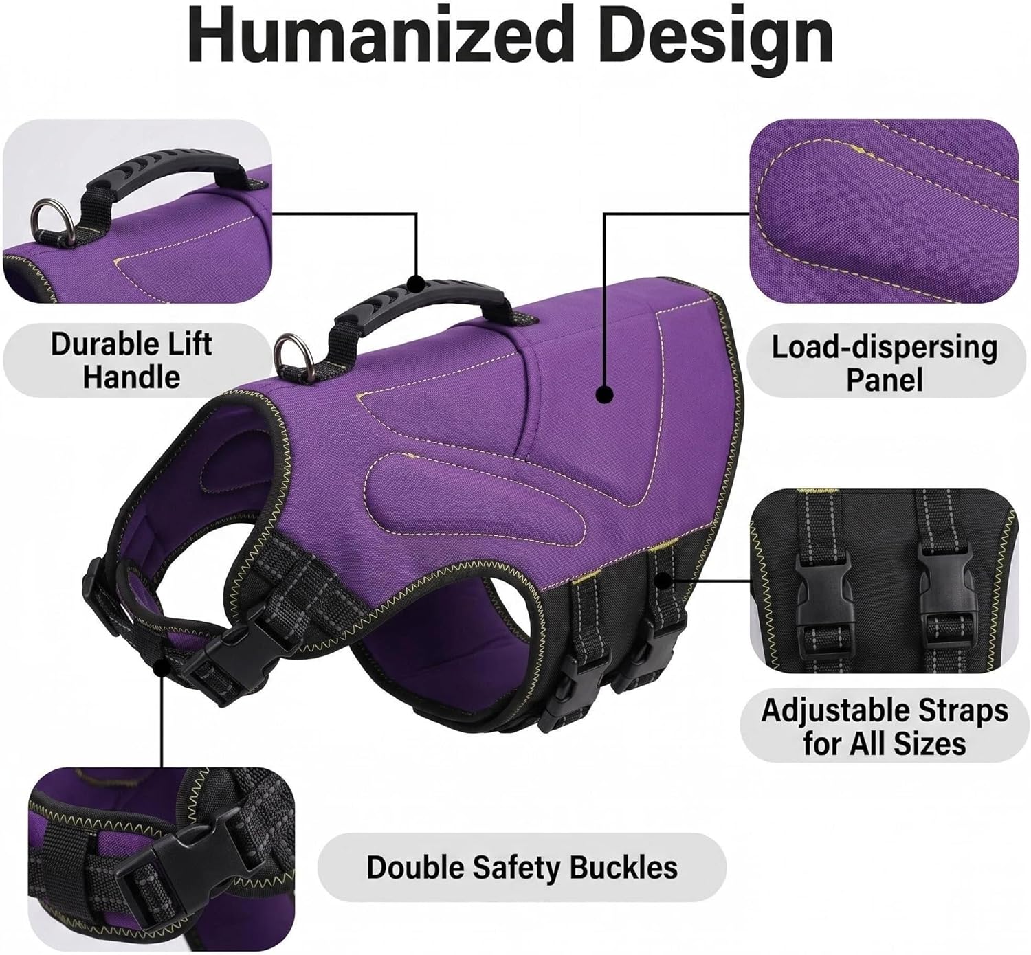 Side profile of dog showing adjustable straps on life vest