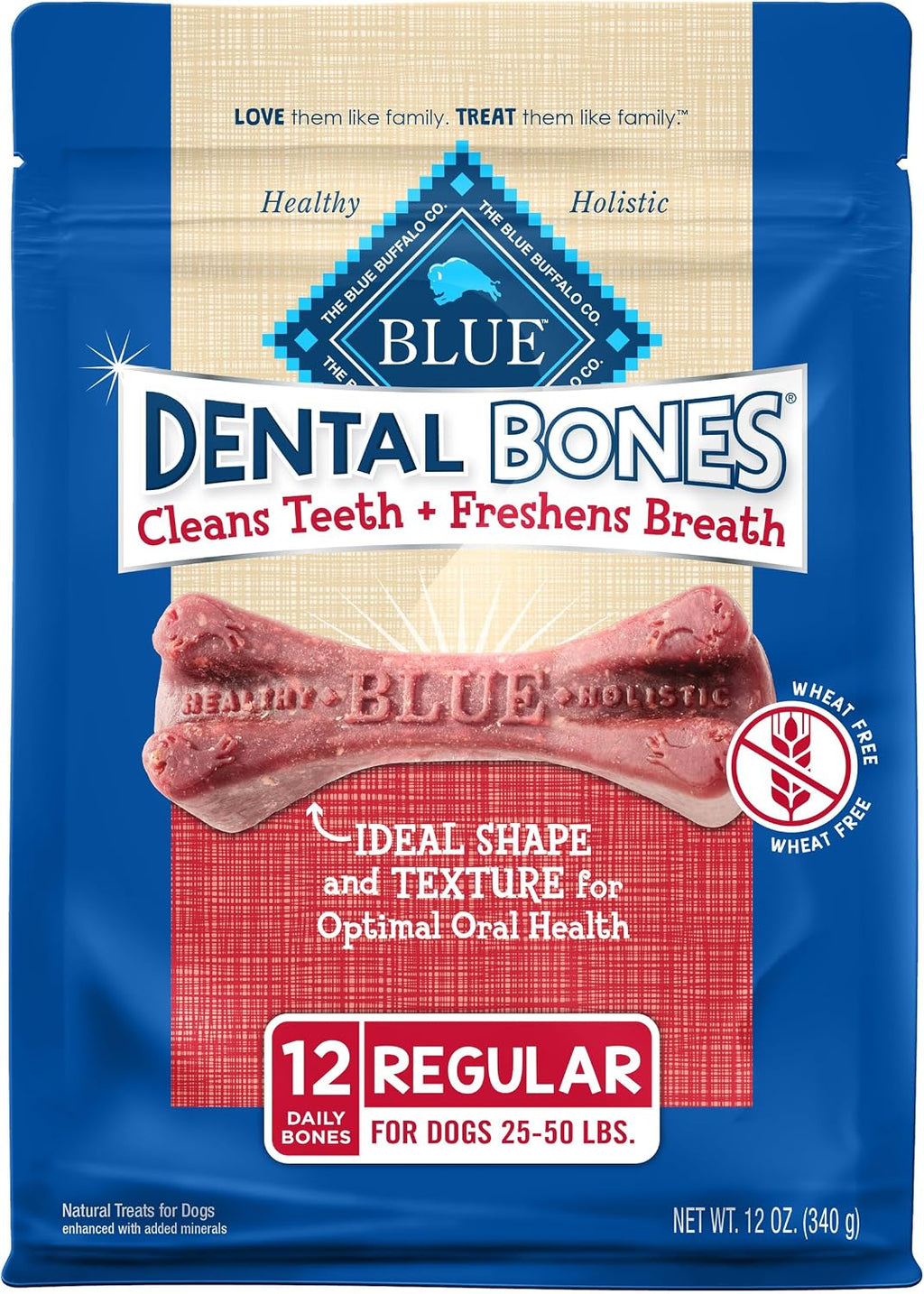 Blue Buffalo authentic USA imported large breed dog dental bones premium pet packaging.