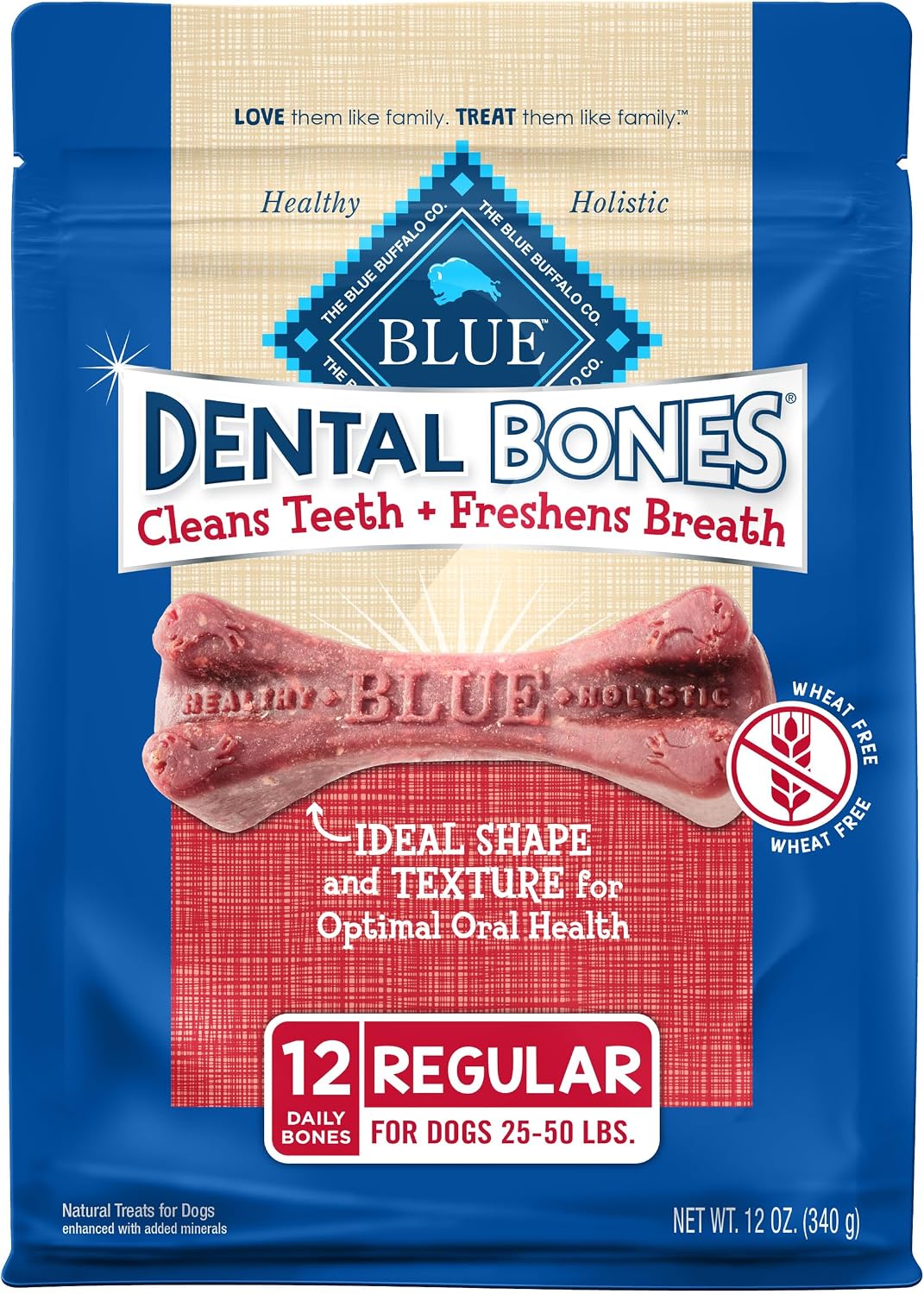 Blue Buffalo authentic USA imported large breed dog dental bones premium pet packaging.
