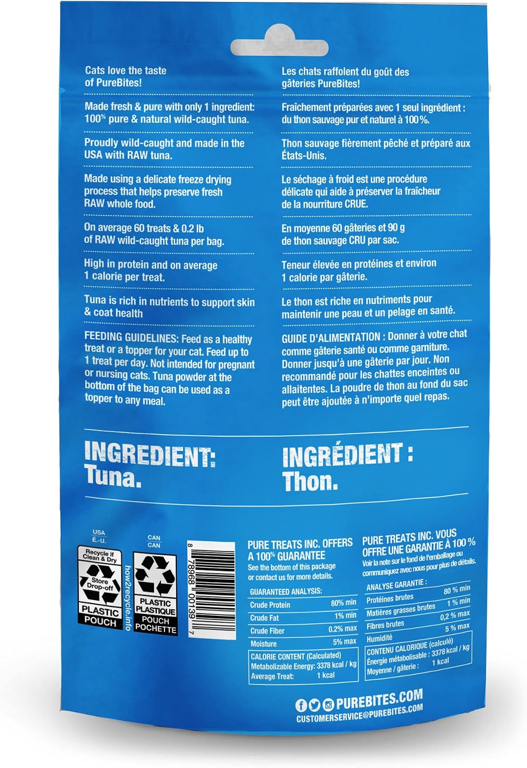 Back of PureBites freeze dried tuna cat treats value size pouch displaying clear single-ingredient label and nutritional information.