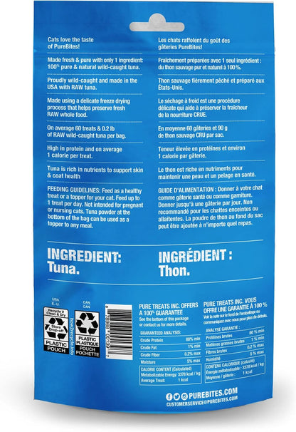 Back of PureBites freeze dried tuna cat treats value size pouch displaying clear single-ingredient label and nutritional information.