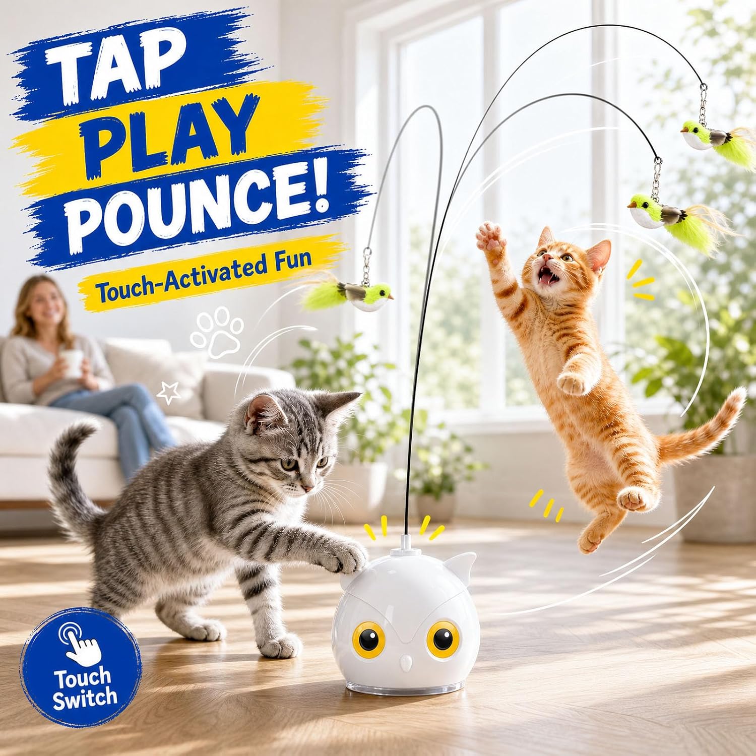 CATPICK indoor cat entertainment unit highlighting the soft silicone coated wand close up