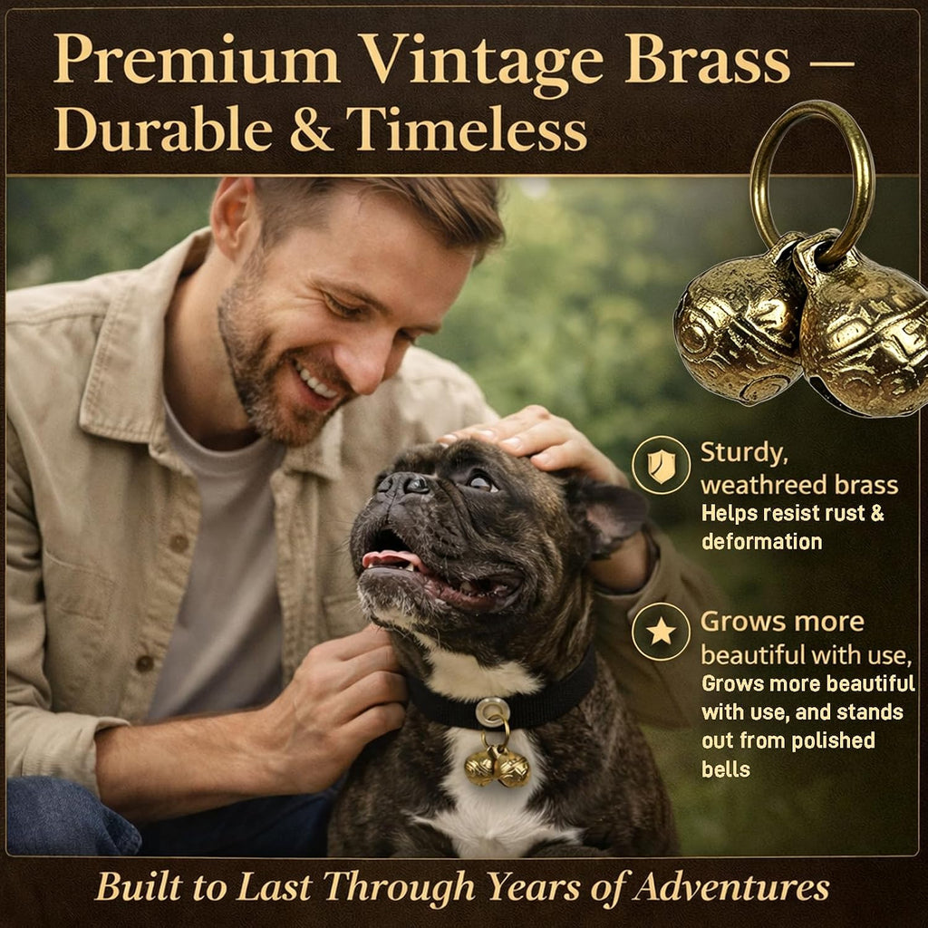 Close up of a 0.67 inch copper alloy pet tracker bell showing the vintage finish metal work