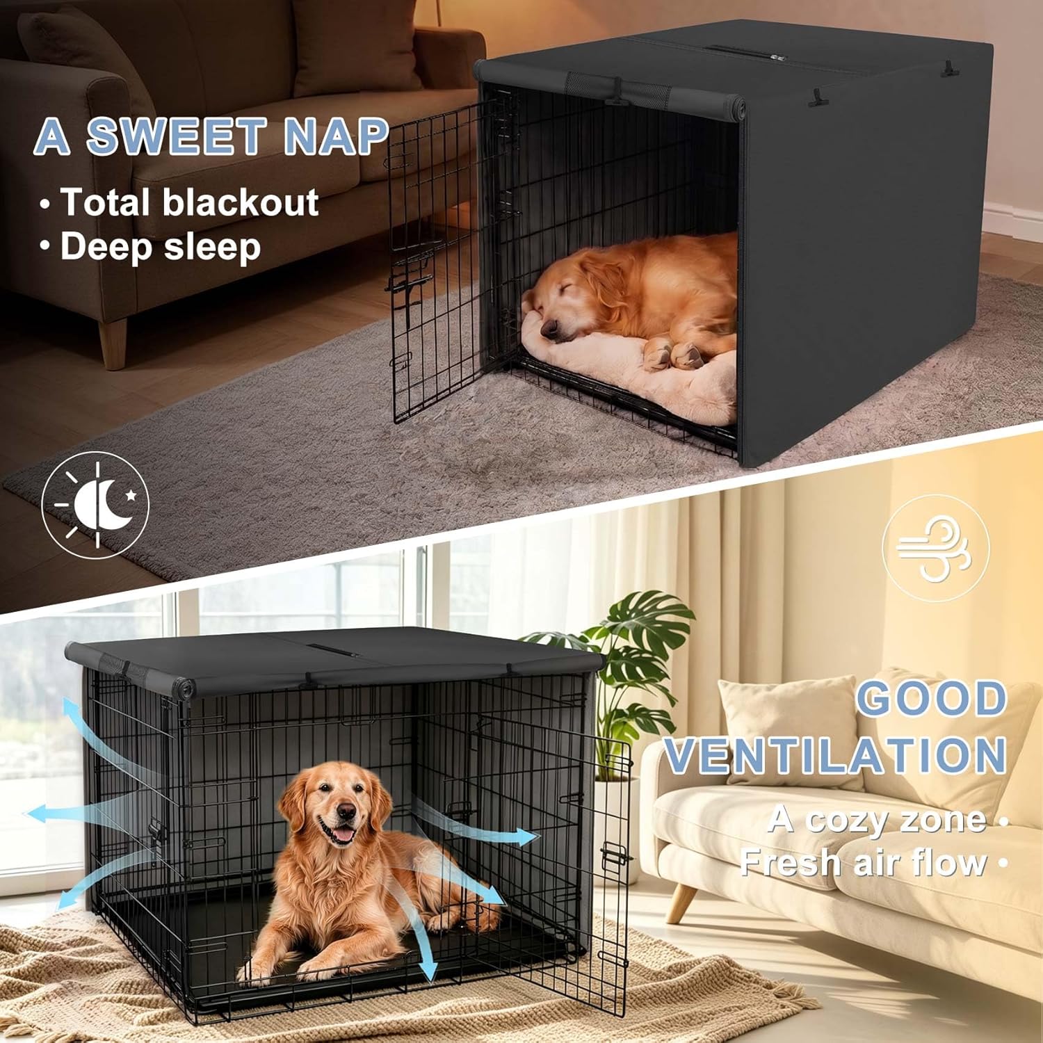 Explore Land windproof pet den cover fitted on a forty two inch metal wire crate