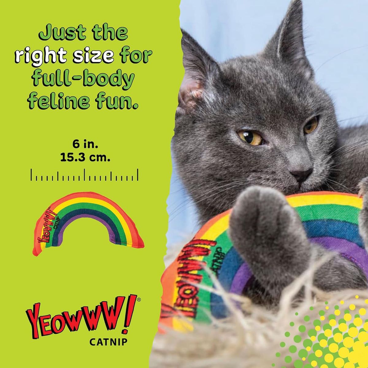 Side angle of six inch rainbow cat toy showing vibrant plant based dyes