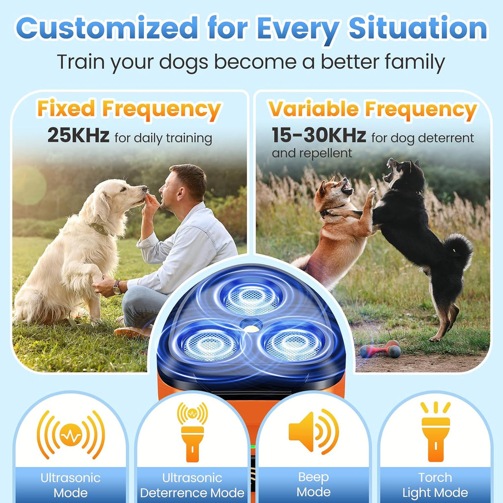 Handheld dog bark control tool with LED flashlight activated
