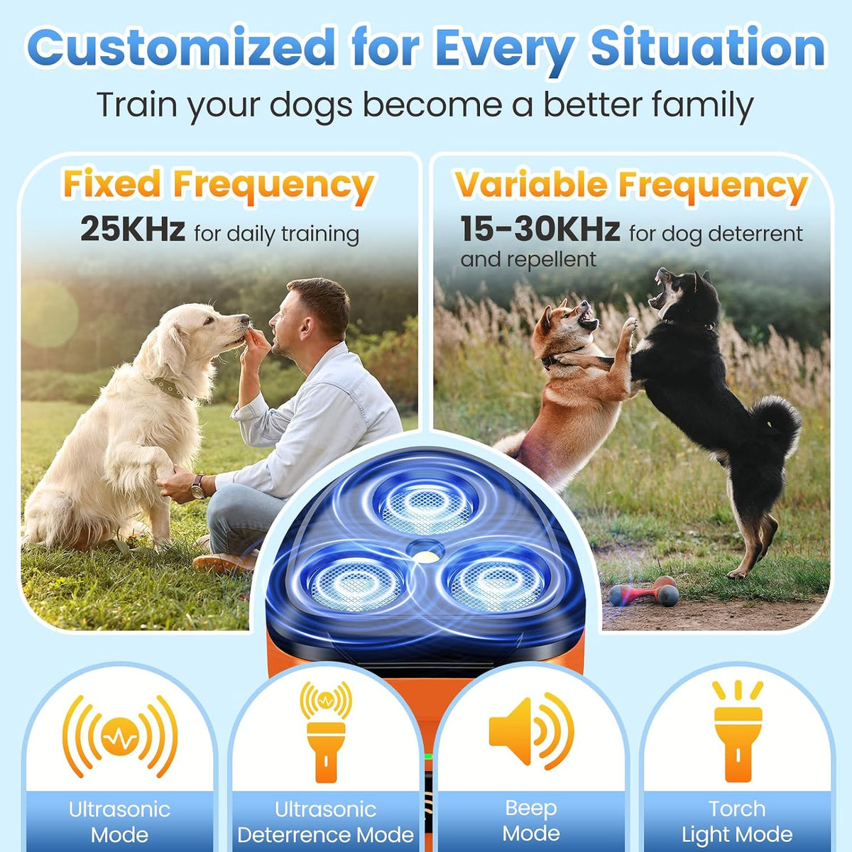 Handheld dog bark control tool with LED flashlight activated