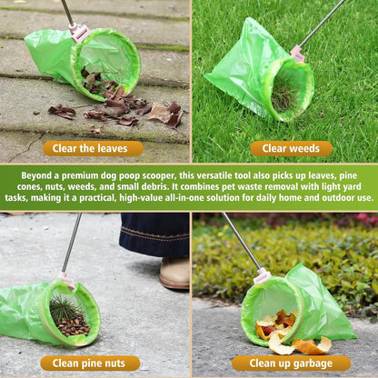 No touch dog waste management tool extended to forty three inches