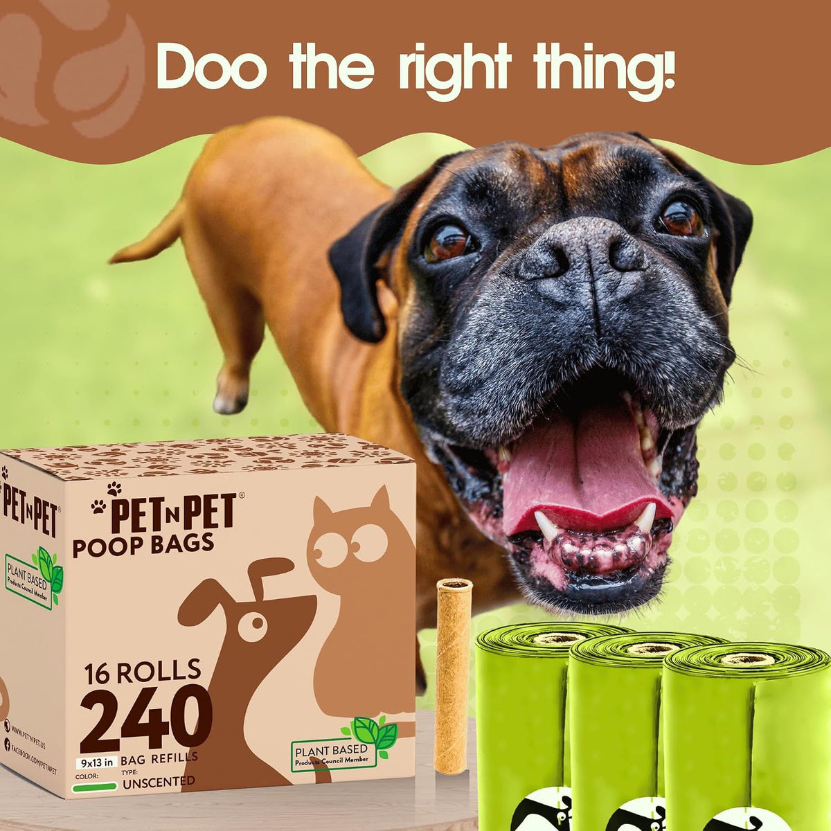 Eco friendly plant based pet clean up bags pack close up view