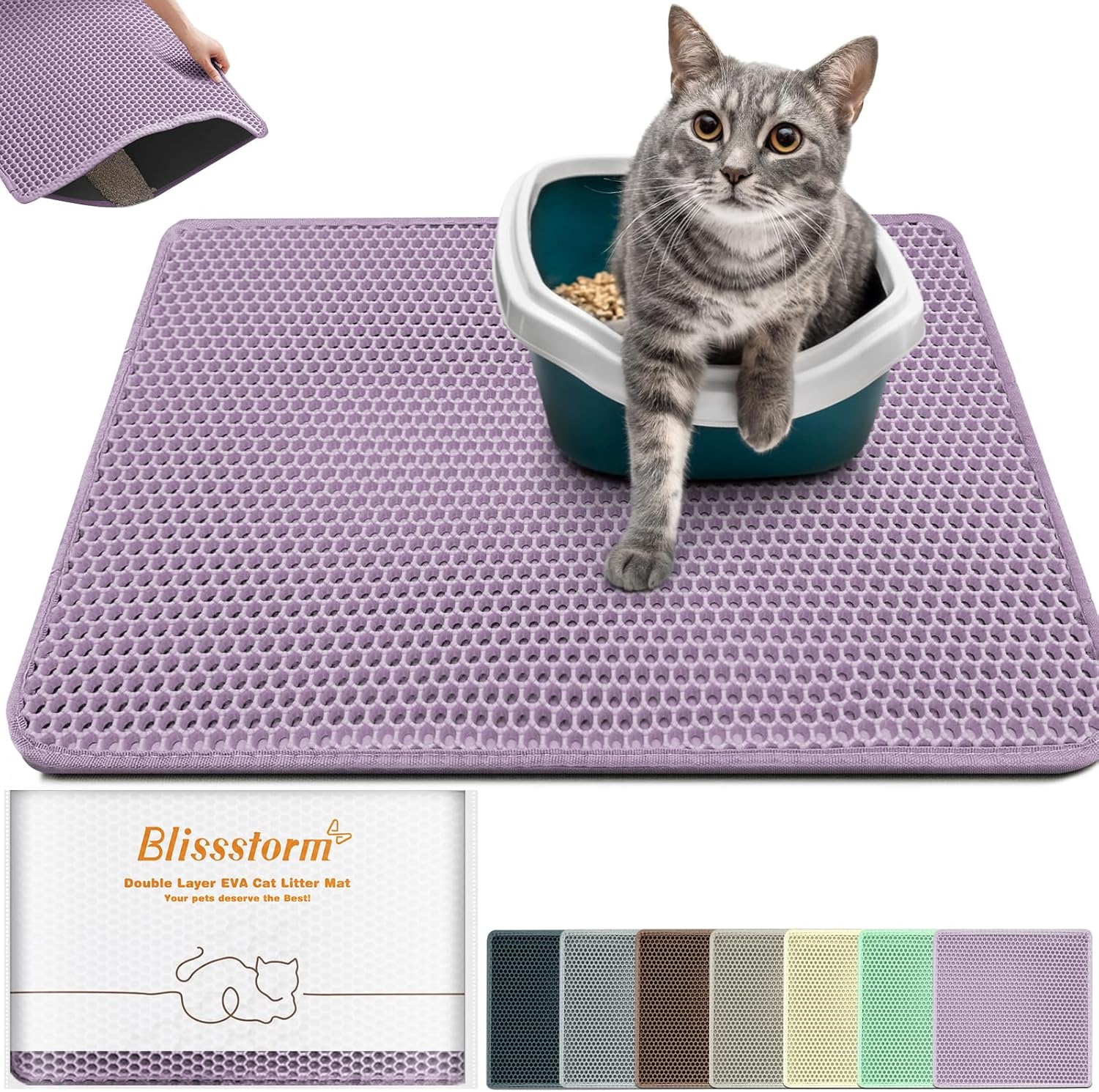 Blissstorm extra large waterproof cat litter mat front view purple trapping rug