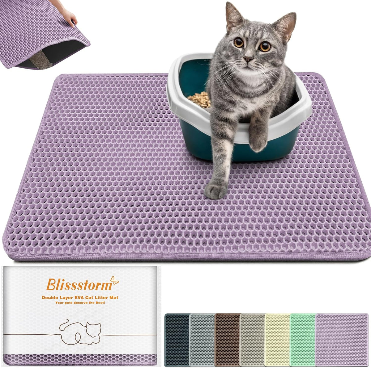 Blissstorm extra large waterproof cat litter mat front view purple trapping rug