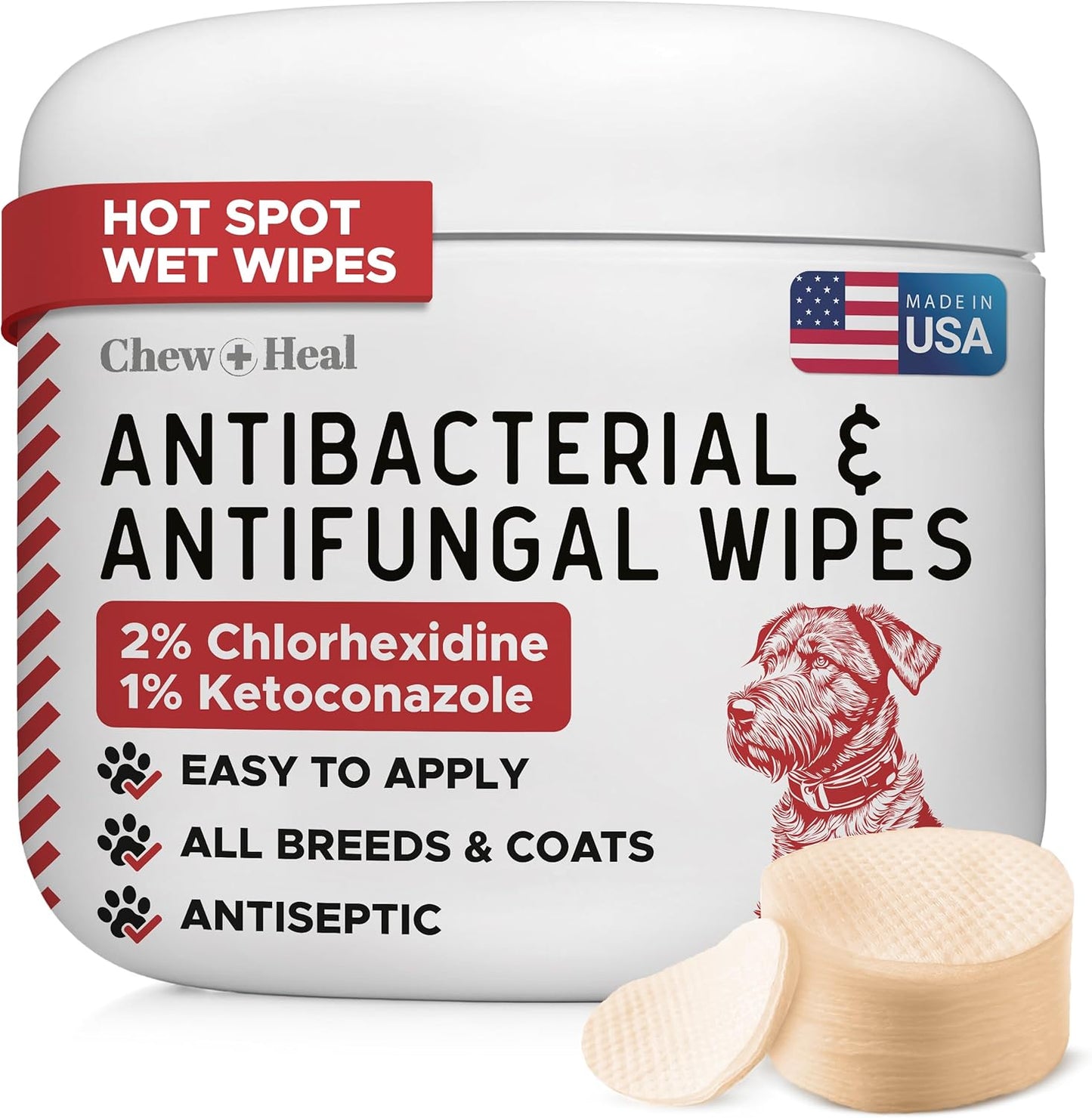 Chew + Heal Labs Soothing Dog Paw Wipes 50 Count front view jar for pet skin care.