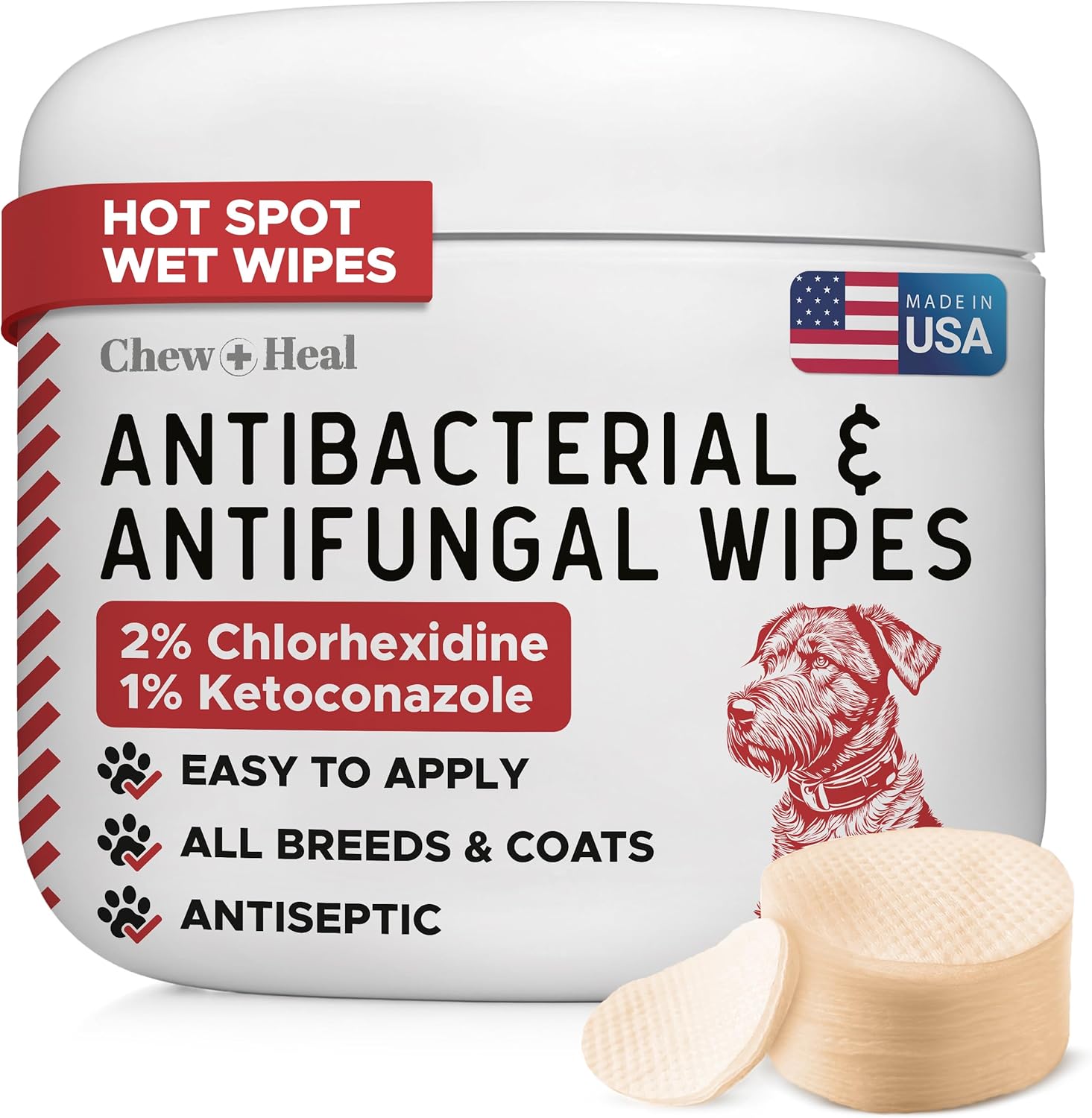 Chew + Heal Labs Soothing Dog Paw Wipes 50 Count front view jar for pet skin care.