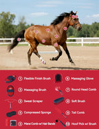Furrishine equestrian brush set highlighting the non-slip silicone grip handles on the grooming tools.