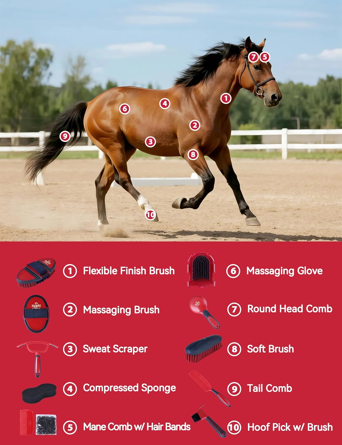 Furrishine equestrian brush set highlighting the non-slip silicone grip handles on the grooming tools.