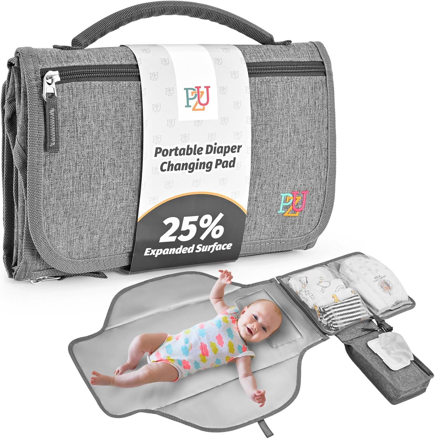 PZU Portable Diaper Changing Pad front view in premium grey color showing compact folded clutch style.