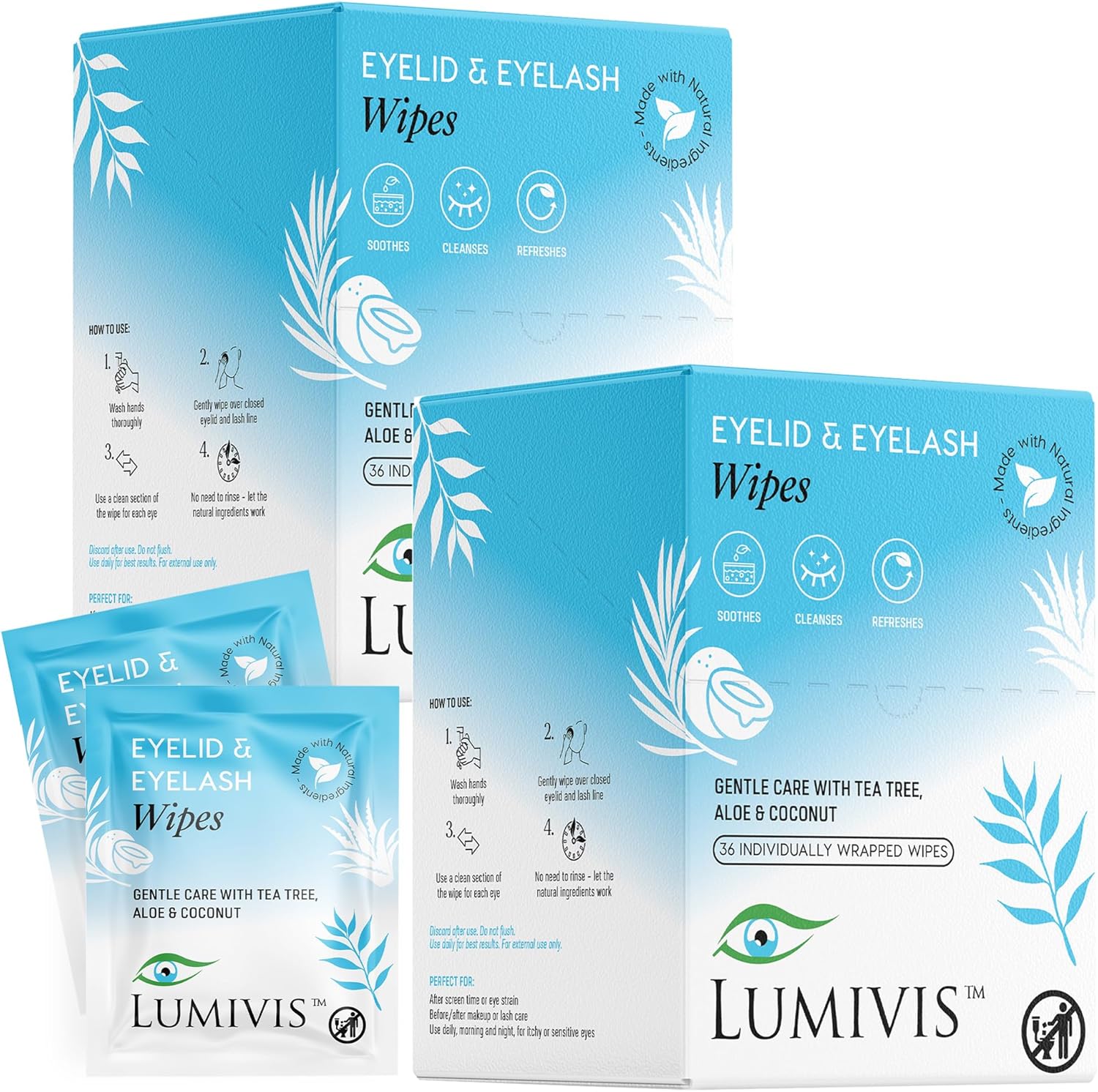 Lumivis Tea Tree Oil Eyelid Wipes packaging front view for daily eye cleansing