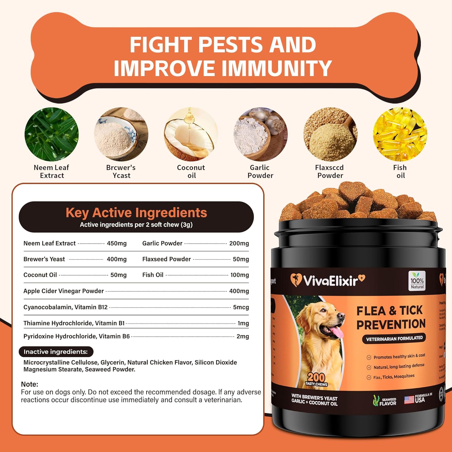 VivaElixir seaweed flavor dog chewable supplement ingredients label