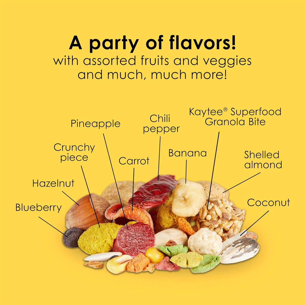Product packaging showing Kaytee Fiesta heart and brain health benefits