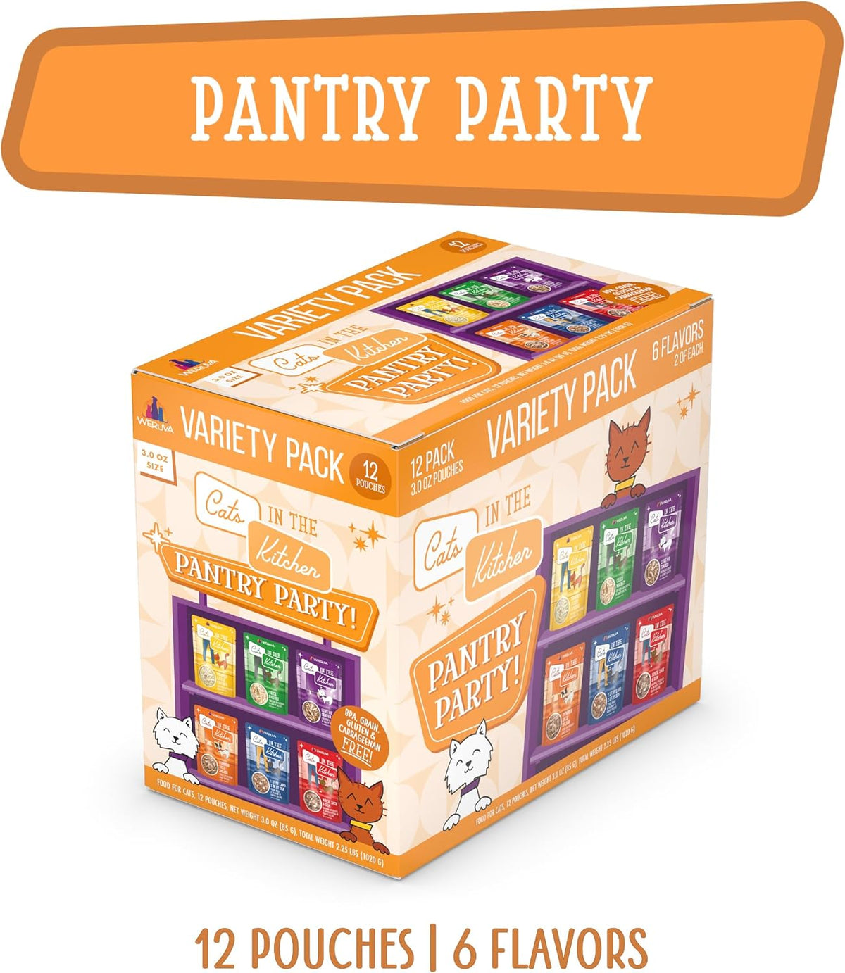 Weruva wet cat food variety pack showing individual three ounce pouches