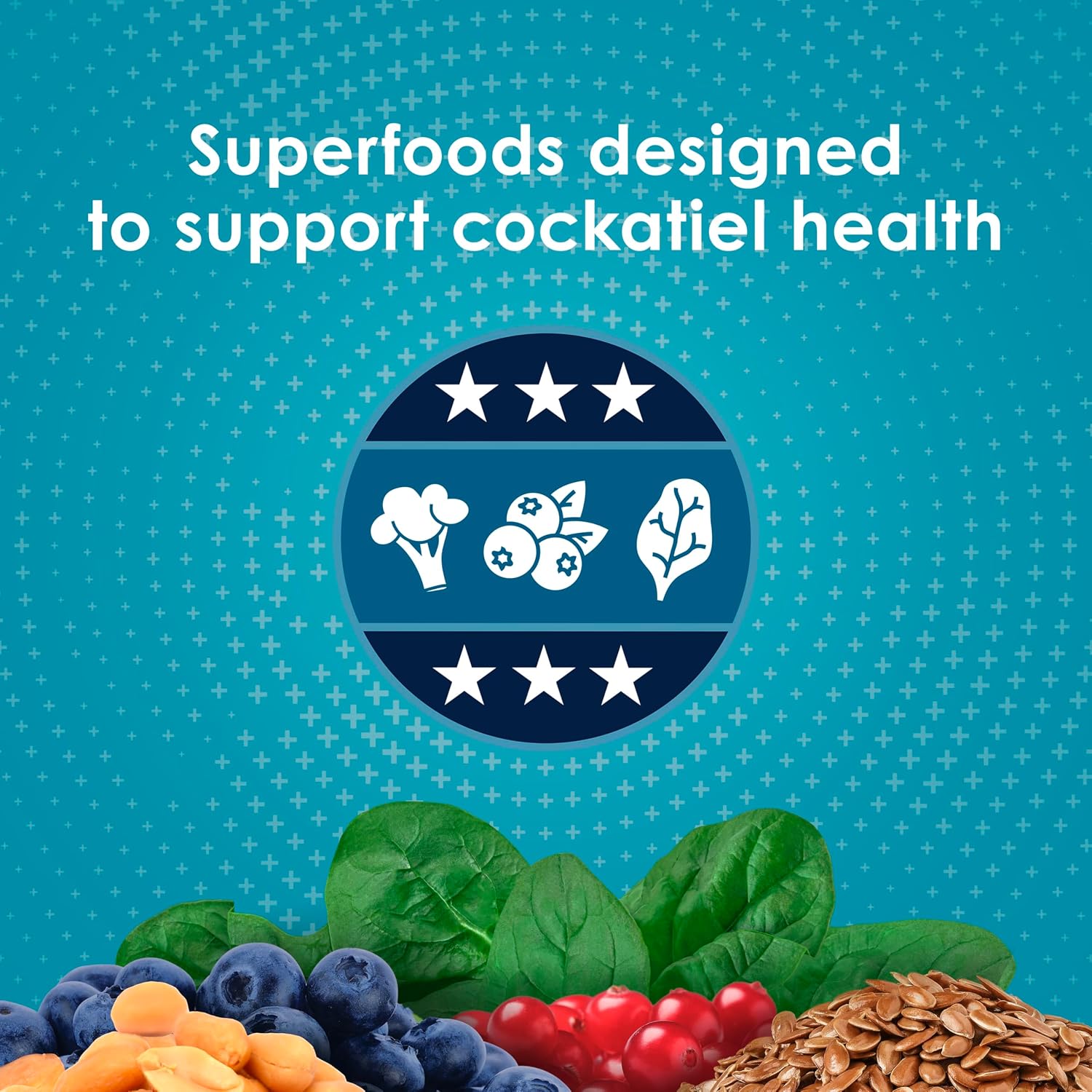 Nutritious cockatiel food showing digestive and immune support highlights