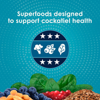 Nutritious cockatiel food showing digestive and immune support highlights