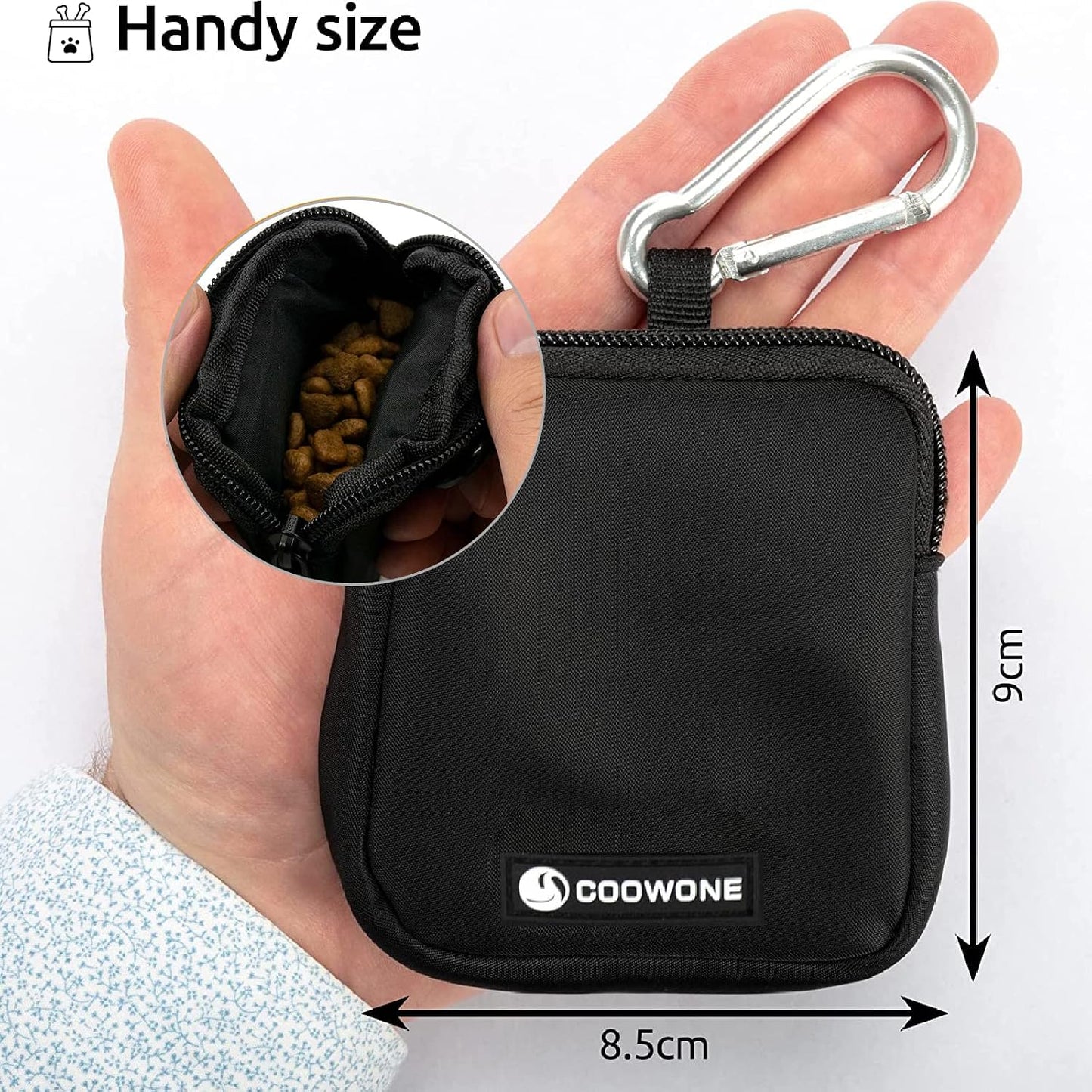 COOWONE dog treat bag showing top metal carabiner clip attached to a belt loop
