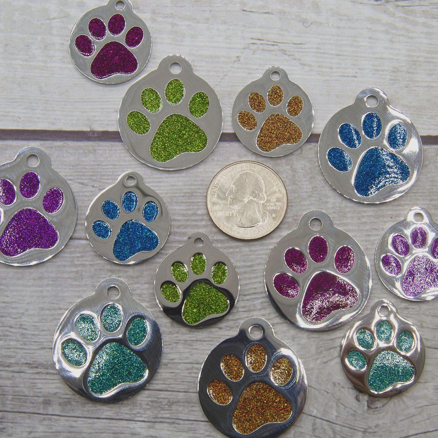 PetANTastic custom engraved dog tag aquamarine enamel paw print style