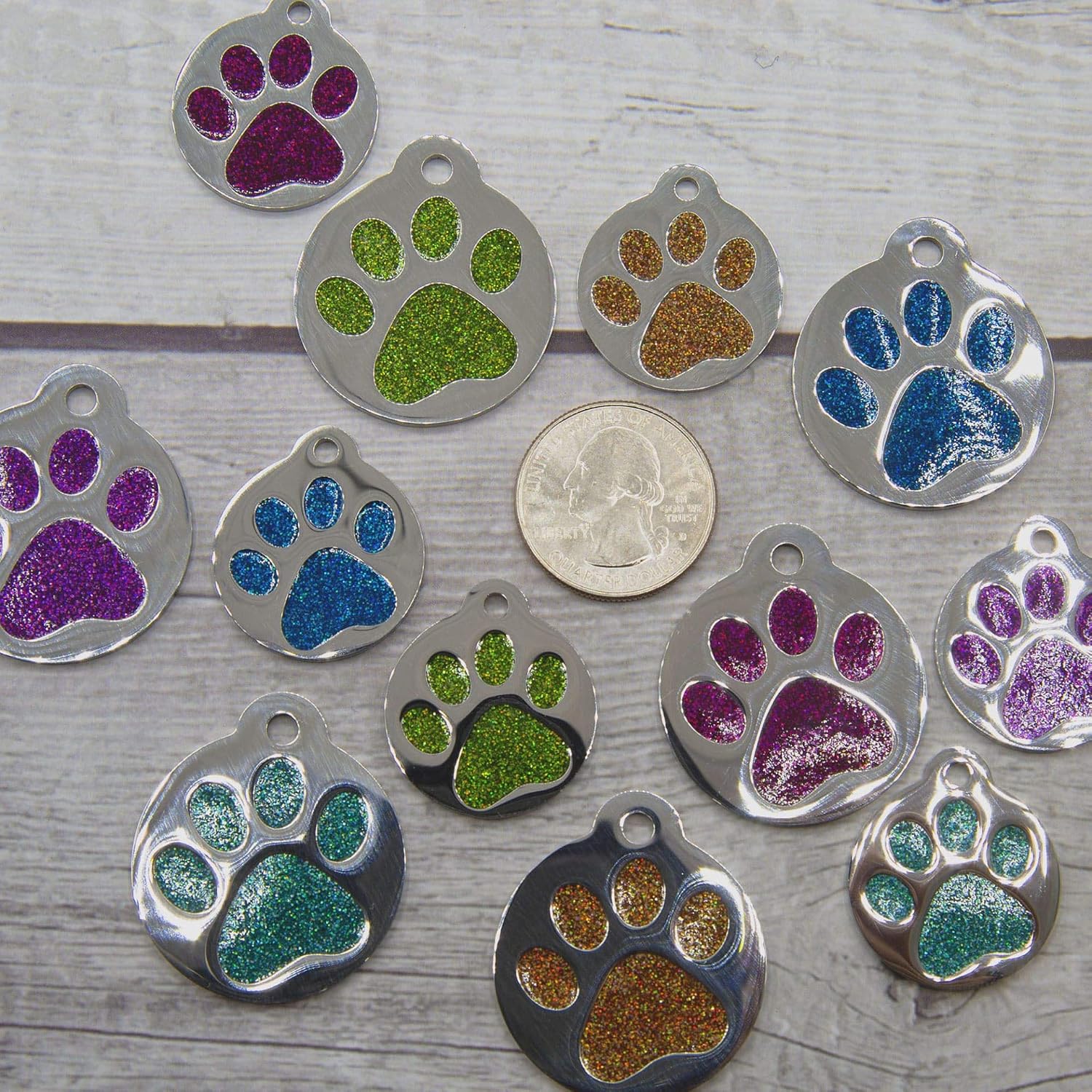 PetANTastic custom engraved dog tag aquamarine enamel paw print style