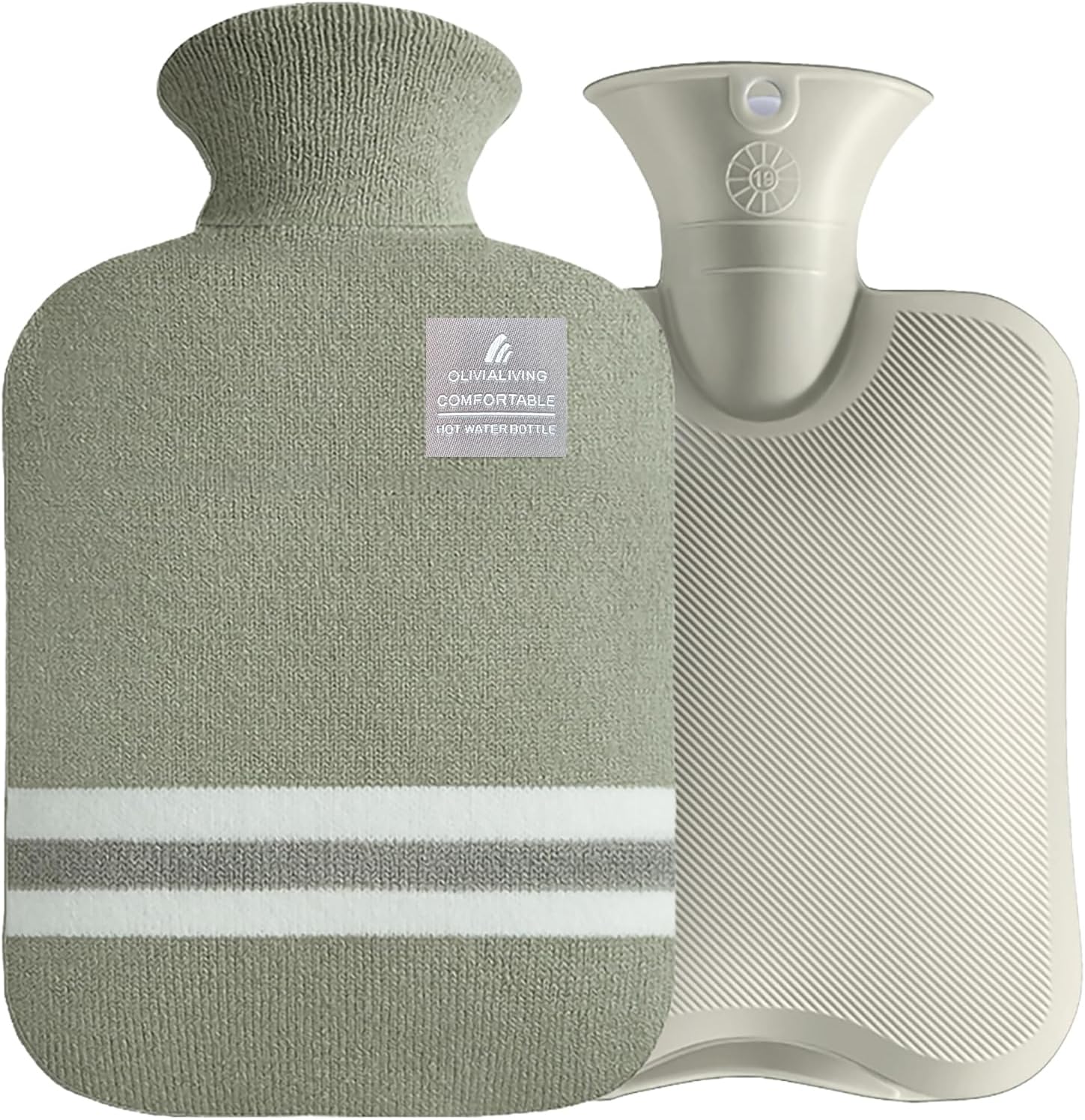 OliviaLiving hot water bottle front view with gray striped knitted cover for menstrual cramp relief.
